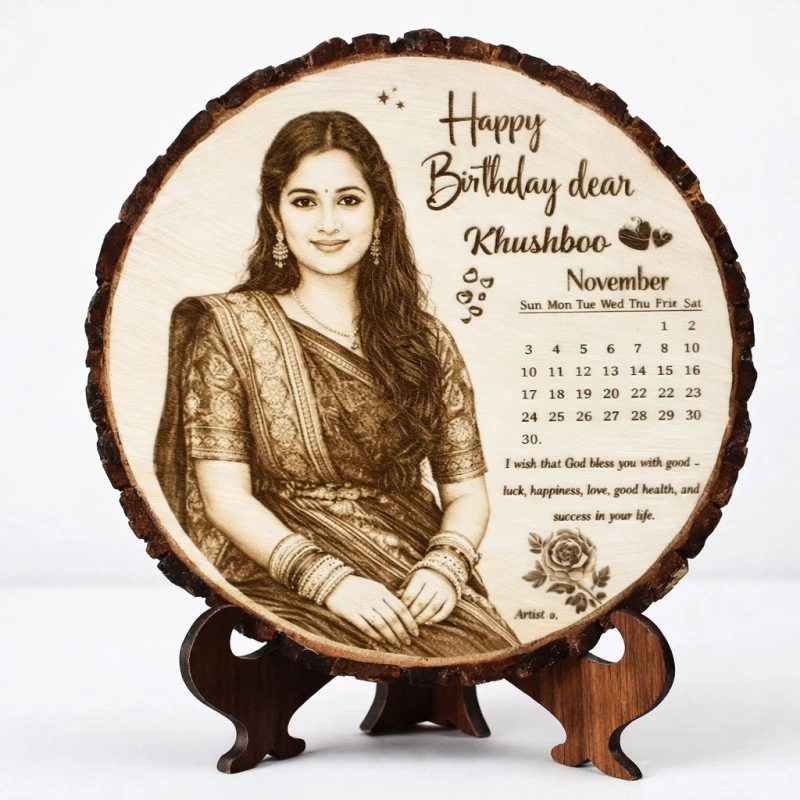 Personalized Engraved Round Wooden Photo Frame – Romantic Gift for Girlfriend | Vishwakarma Gifts